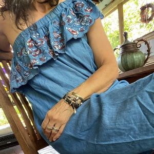 LED Lux Essential Denim maternity one shoulder dress. Embroidered. Sm